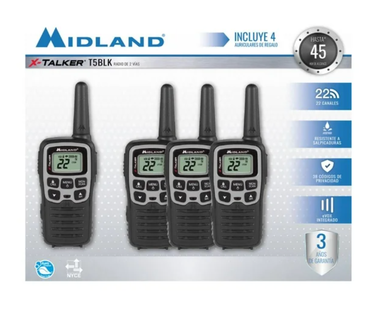 Walkie Talkie Midland T5blk 4 Radios 22 Canales 45 Km